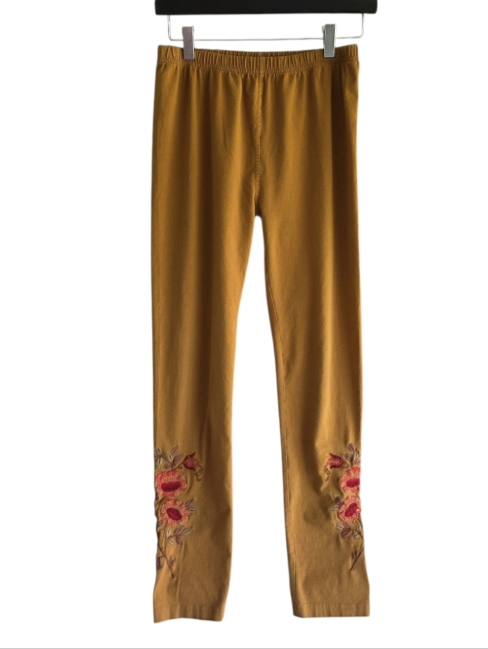 April Cornell Mustard Leggings with Pink Floral Embroidery Cottagecore Boho Babe